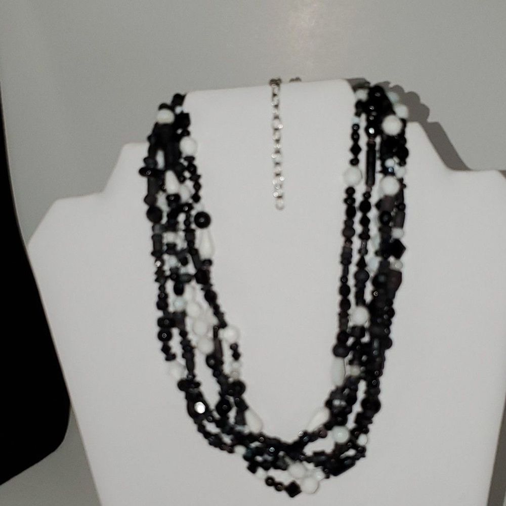 Beaded Necklace Multi Strand Black & White Plastic Beads Boho Career Evening